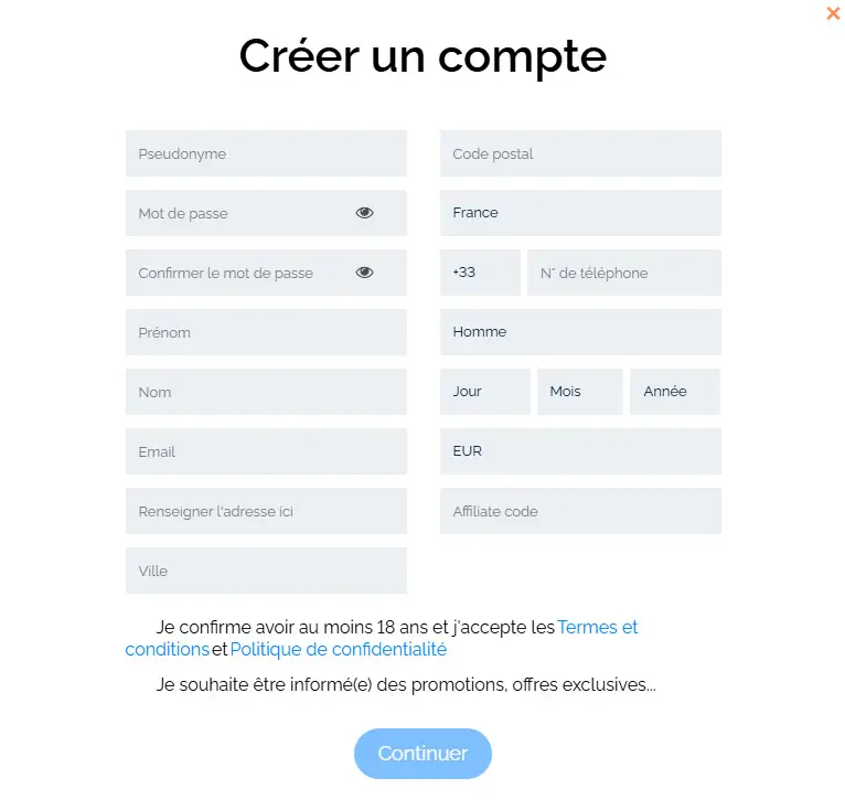 Processus d'inscription JUSTBIT CASINO